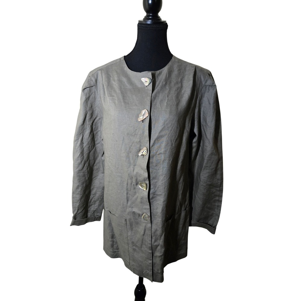 Regina Porter Linen Jacket Womens 14 Olive Excellent Shell Button Patch Pocket